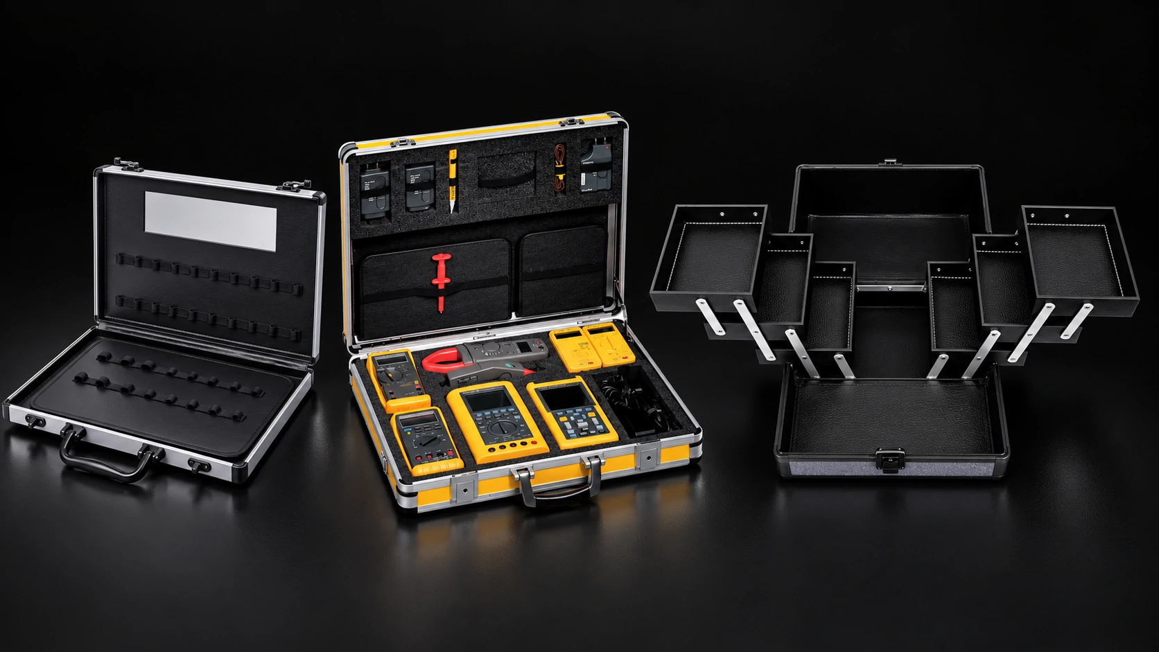Three Aluvox carrying case formats in a single-row black studio composition