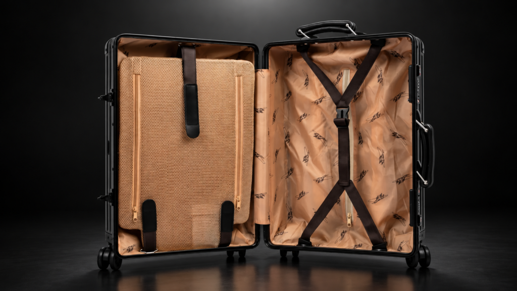 Open Aluvox YCT-053 aluminum case with tan lining, mesh dividers and compression straps against a dark background