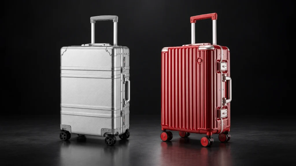 Product layout illustration of silver TS-001 and red HQ-009 zipperless suitcases in one row